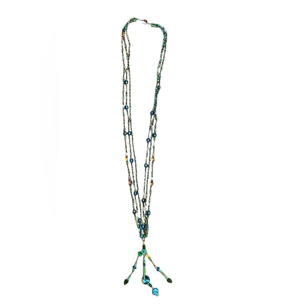 Vintage Turquoise Peacock Multi-color Beaded Long Tassel Lariat necklace